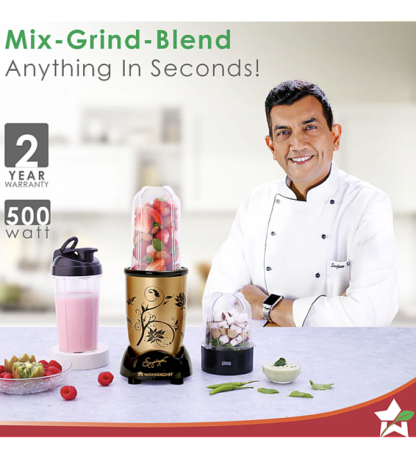 Nutri-blend, 400W, 22000 RPM 100% Full Copper Motor, Mixer-Grinder, Blender, SS Blades, 2 unbreakable Jars, 2 Years warranty, Champagne, Recipe book by Chef Sanjeev Kapoor